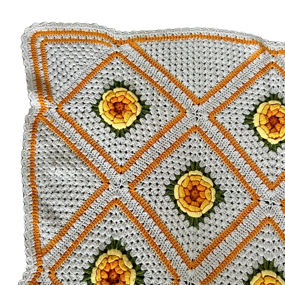 Handmade Crochet Afghan Blanket 60x45 3D Yellow Orange Floral Granny Throw